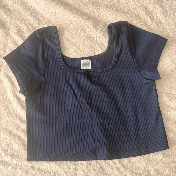 PINK Victoria’s Secret Navy Blue Ribbed Crop Top & Foldover Cotton Leggings Set - Picture 2 of 8